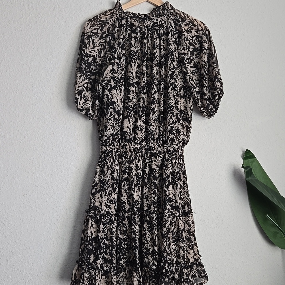 Entro Elegant Black Patterned Tiered Mini Short Dress Bohemian Boho Western - Picture 9 of 12